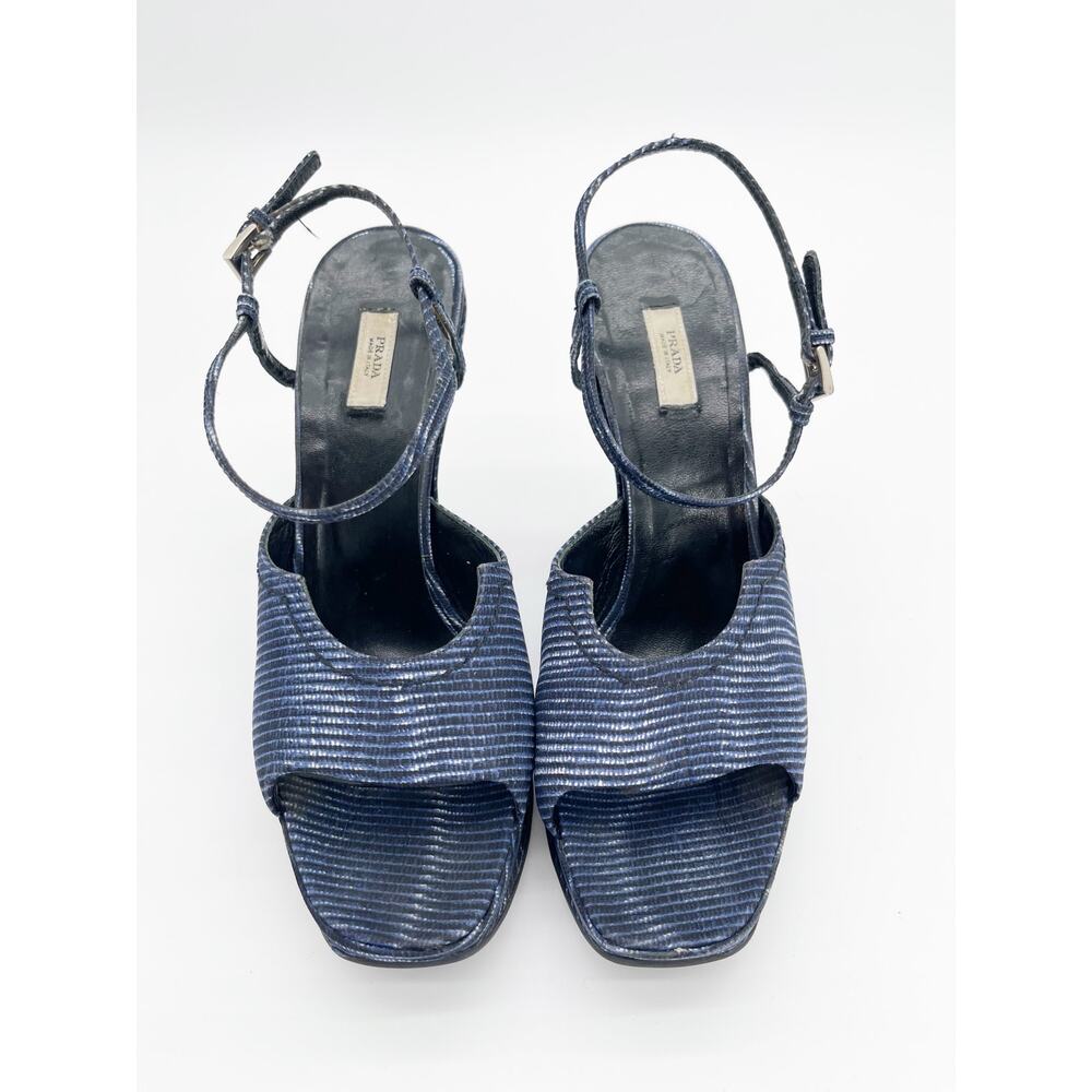 Prada Vintage Fall 2004 Runway Blue Wavy Striped Platform Wedge Sandals IT 38.5 - Picture 7 of 13